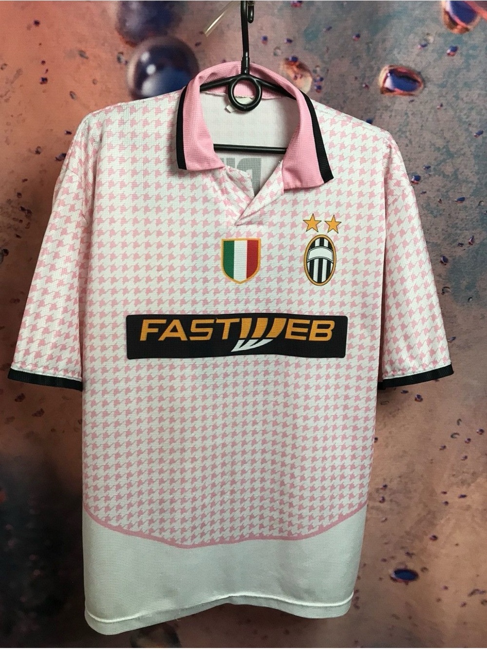 AC Milan Pink Houndstooth Short-Sleeve Polo Jersey - FASTWEB Sponsor